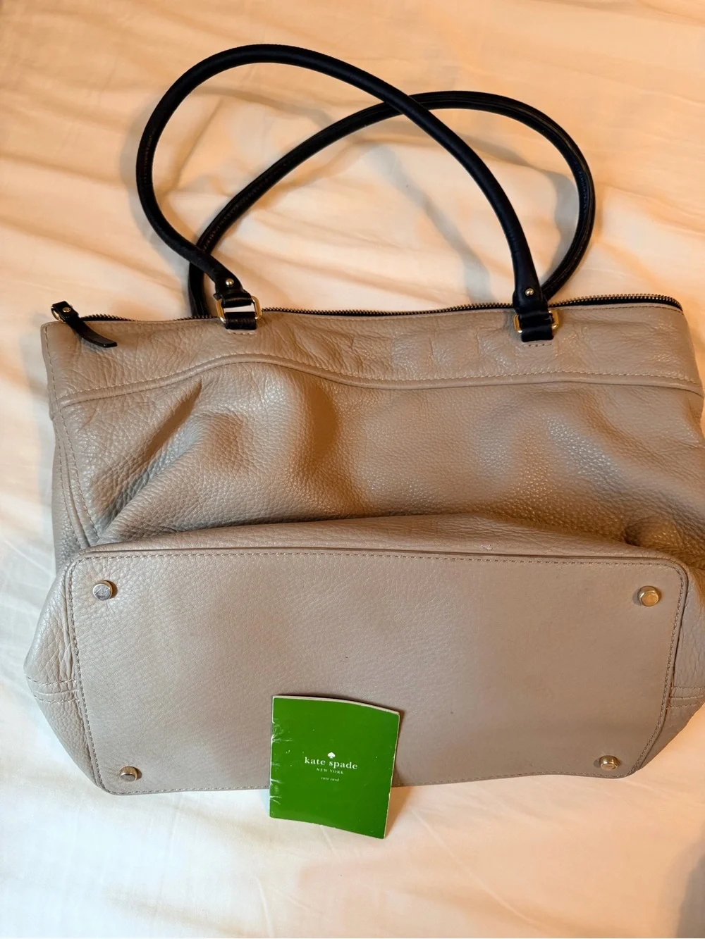 kate spade Leather Tote Bag in Taupe with Black Trim